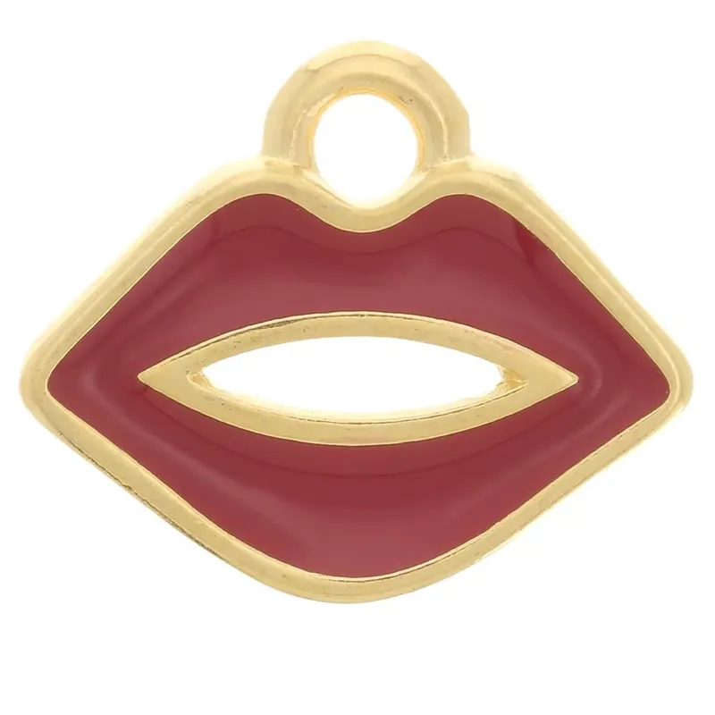 Breloque bouche 11x13 mm avec résine époxy - Doré à l'or fin - Rouge foncé x1 Saldi