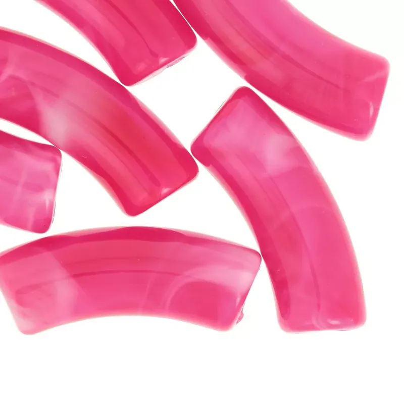 Perles tube incurvé en acrylique translucide 35x11mm Marbré Fuchsia x6 Edizione Limitata