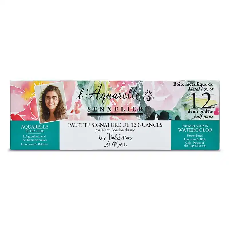 Promo Stagionale Boîte métal aquarelle – 12 demi-godets extra fine – signature Marie Boudon
