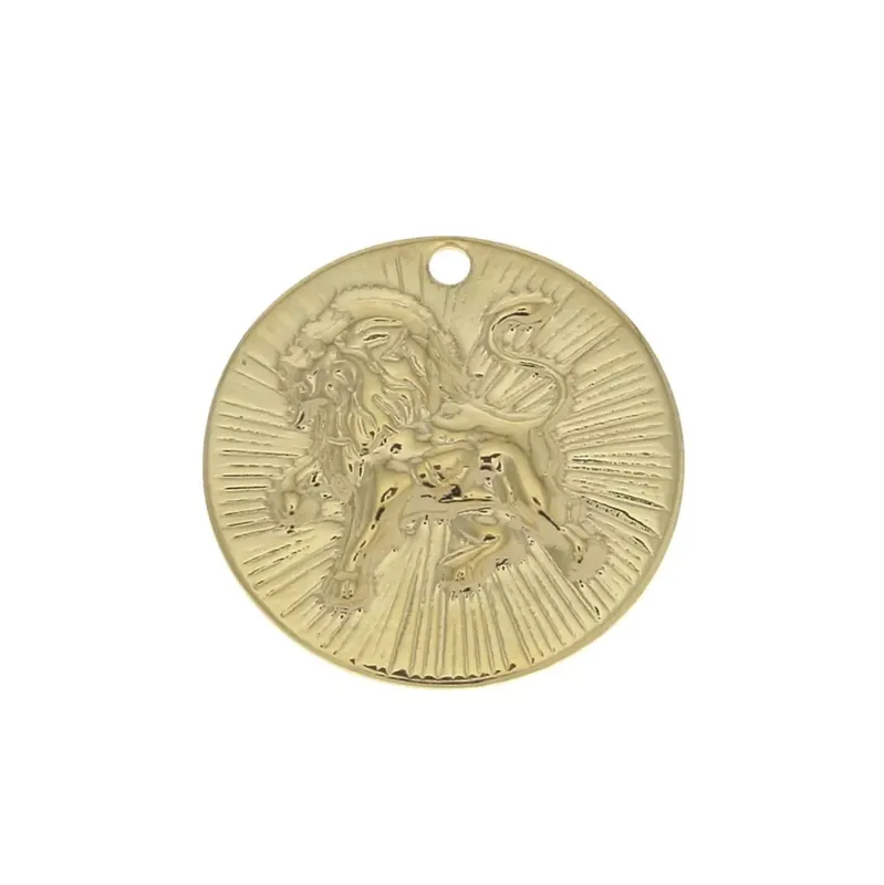 Breloque ronde striée - signe du zodiaque Lion 15 mm - Doré à l'or fin x1 Solo Oggi