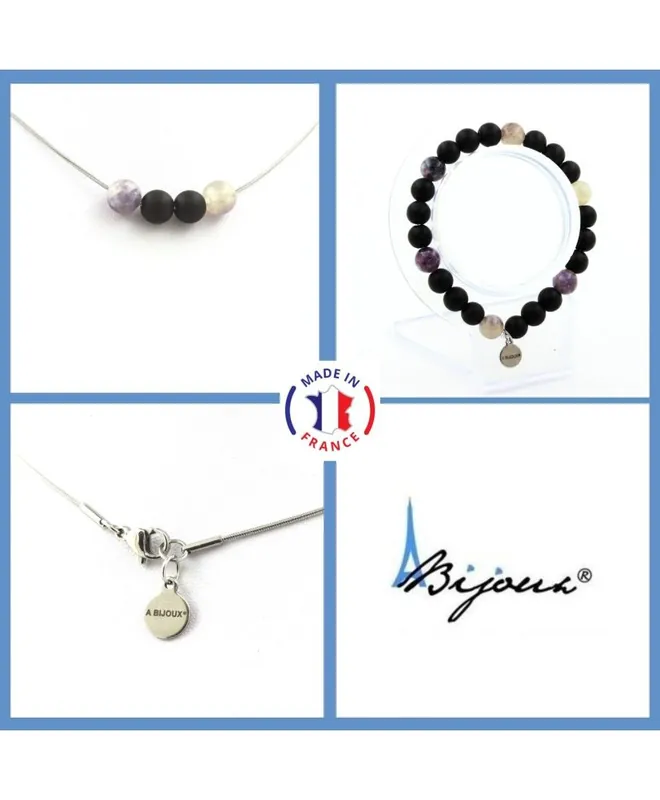 Vendita Finale Parure Bracelet Collier Perles Mica violet de Tanzanie + Onyx noir mat 8 mm chaîne inox