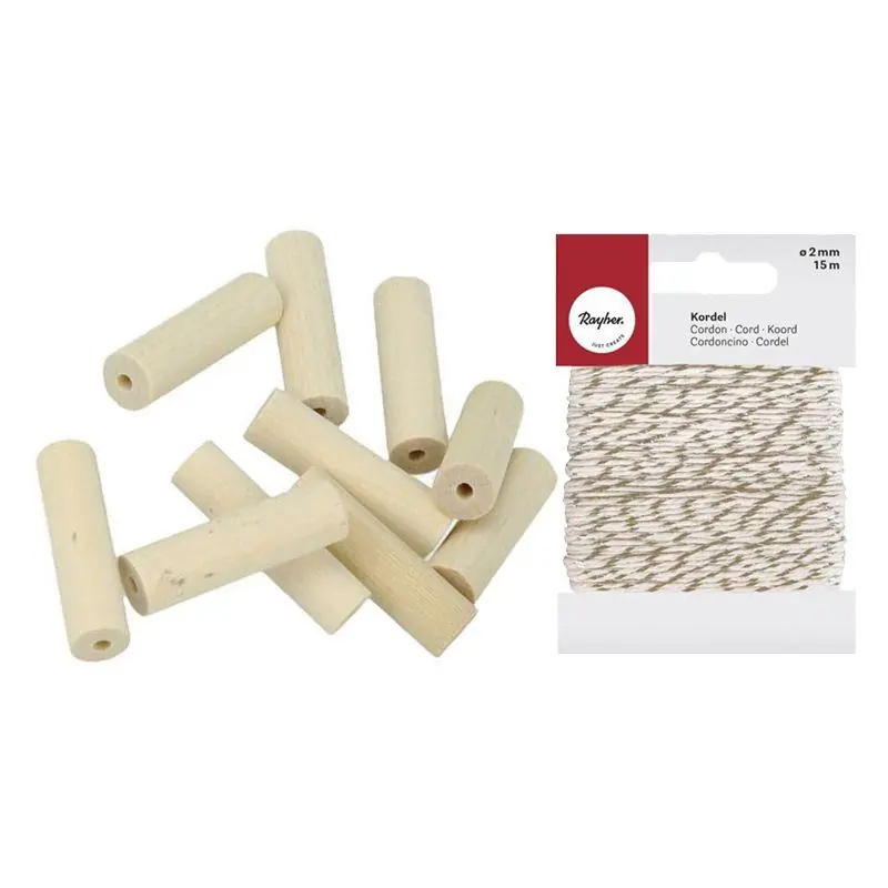10 perles en bois cylindres 30 x 10 mm + Ficelle dorée & blanche 15 m A Buon Prezzo