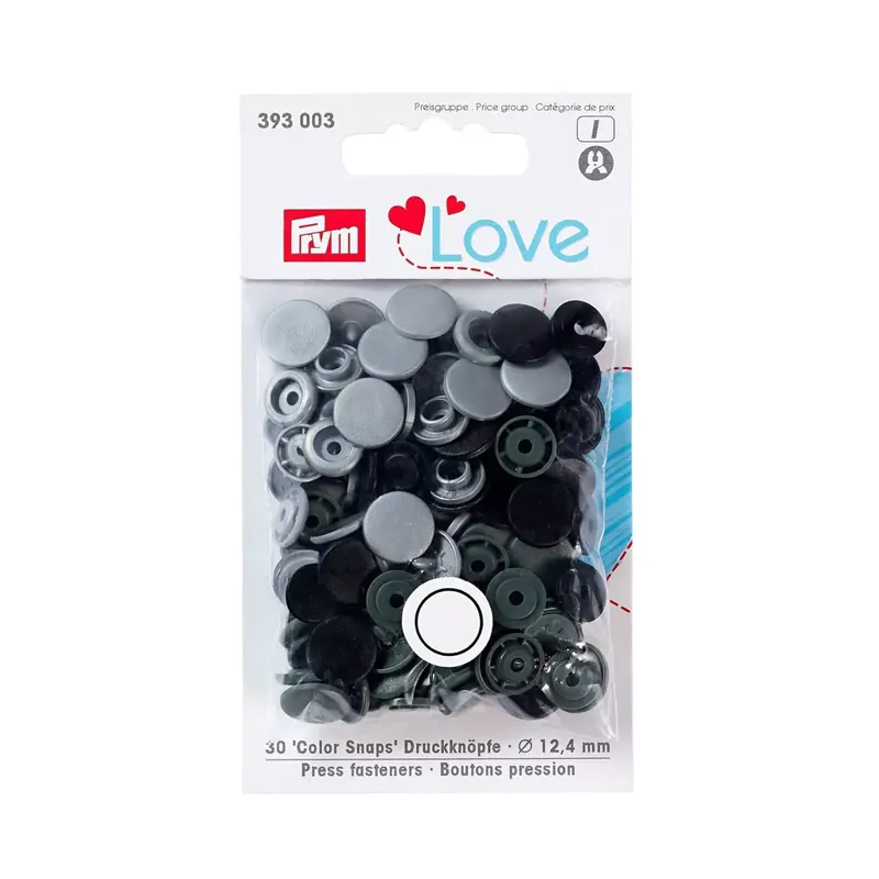30 boutons à pression Prym en plastique Color Snaps 12.4 mm Noir -Gris -Gris clair Non Perdere
